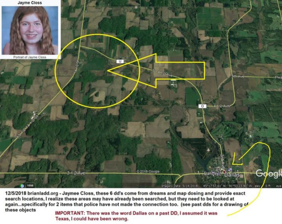 11417 6 December 2018 2 - 12/5/2018  - Jaymee Closs, These 6 Dd'S Come From Dreams And Map Dosing And Provide Exact...
12/5/2018  - Jaymee Closs, These 6 Dd'S Come From Dreams And Map Dosing And Provide Exact Search Locations, I Realize These Areas May Have Already Been Searched, But They Need To Be Looked At Again  Specifically For 2 Items That Police Have Not Made The Connection Too.  (see Past Dds For A Drawing Of These Objects)  Important: There Was The Word Dallas On A Past Dd, I Assumed It Was Texas, I Could Have Been Wrong  Dream Number 11417 6 December 2018 2 Psychic Prediction
